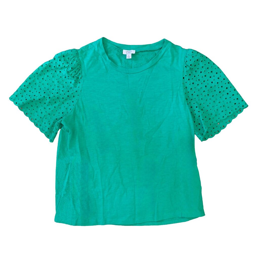 Women's Crown & Ivy Green Eyelet Puff Sleeve Knit Top EUC | Sz L - Picture 2 of 6
